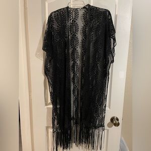 Black Sheer Kimono with Fringe One Size